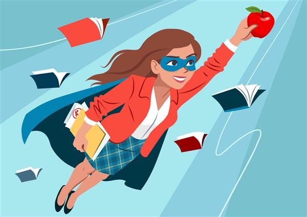 زن جوان با شنل و ماسک در حال پرواز در هوا در حالت ابرقهرمانی با اعتماد به نفس و خوشحال به نظر می‌رسد سیب و پوشه‌ای با کاغذ در دست دارد کتاب‌هایی باز در اطراف مفهوم یادگیری معلم دانش آموز آموزش و پرورش