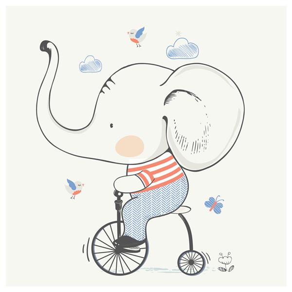 بچه فیل زیبا روی دوچرخه تصویر وکتور کارتونی با دست کشیده شده است قابل استفاده برای چاپ تی شرت کودک طراحی چاپ مد لباس کودکان تبریک جشن حمام نوزاد و کارت دعوت