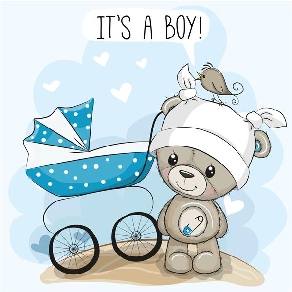 کارت تبریک یک پسر با کالسکه بچه و خرس عروسکی است