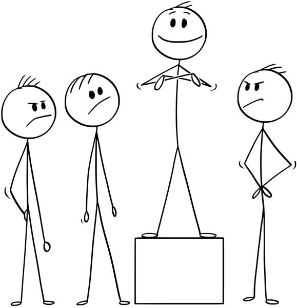نقاشی با چوب کارتونی تصویر مفهومی تیمی از بازرگانان و یکی از آنها ادعای اعتبار بیشتری نسبت به دیگران دارد مفهوم کار تیمی و رهبری