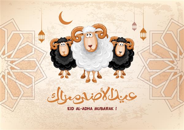 متن رسم الخط عربی عید قربان مبارک برای جشن جشن جامعه مسلمانان کارت تبریک با گوسفند قربانی تصویر وکتور