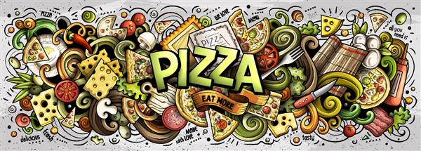 کارتون ابله زیبا کلمه پیتزا تصویر افقی رنگارنگ پس زمینه با بسیاری از اشیاء جداگانه اثر هنری وکتور خنده دار