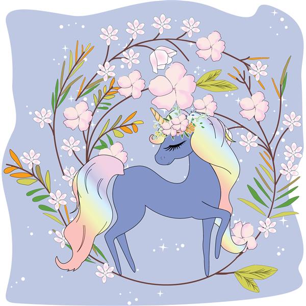 اسب شاخدار ناز در قاب گل صورتی وکتور تصویر توسط هنر کمیک doodle