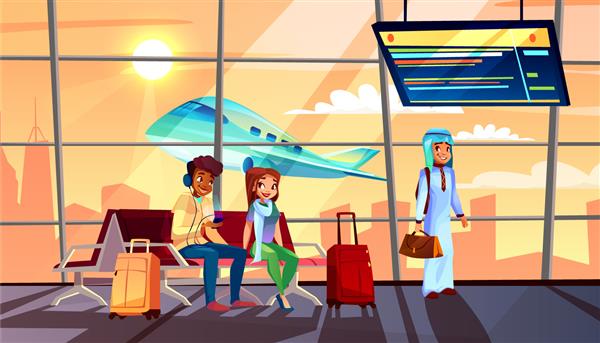 افراد در تصویر وکتور فرودگاه از برنامه پرواز ترمینال خروج یا رسیدن و هواپیما در پنجره مرد عربستانی با کیف های مسافرتی و دختر و پسر سیاه پوست آفریقایی آمریکایی روی نیمکت نشسته است