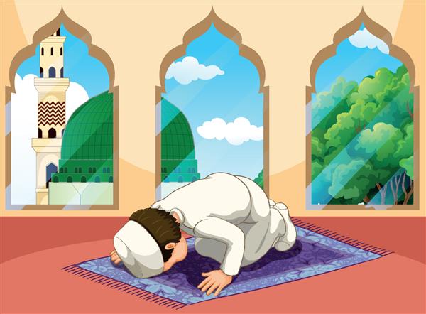 یک مرد مسلمان در تصویر مسجد نماز می خواند