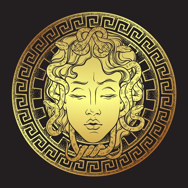 مدوسا گورگون سر طلایی بر روی یک سپر با خط طراحی شده با دست و طرح چاپ نقطه ای تصویر وکتور جدا شده Gorgoneion یک حرز محافظ است