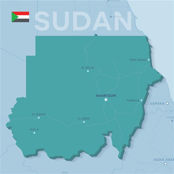 نقشه وکتور سه بعدی از شهرها و جاده ها در آفریقا سودان و همسایگانش