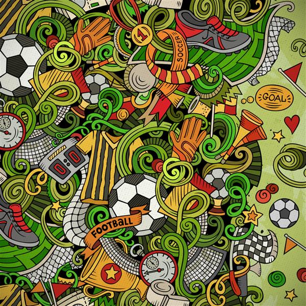 وکتور کارتونی ابله قاب فوتبال رنگارنگ با جزئیات با بسیاری از اشیاء پس زمینه همه اشیا از هم جدا می شوند رنگ های روشن حاشیه خنده دار فوتبال