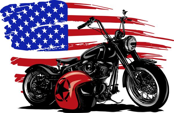 موتورسیکلت هلی کوپتر آمریکایی با دست طراحی و جوهر کاری شده با پرچم آمریکا