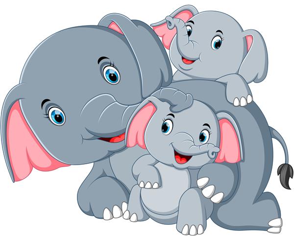 تصویر وکتور از یک فیل سرگرم بازی با خانواده خود است