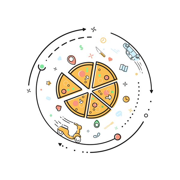 مفهوم تصویر وکتور طرح کلی تحویل پیتزا رستوران پیتزاپی 360 برنامه وب خدمات حمل و نقل مواد غذایی اینفوگرافیک دایره ای جدا شده به سبک مسطح در پس زمینه سفید