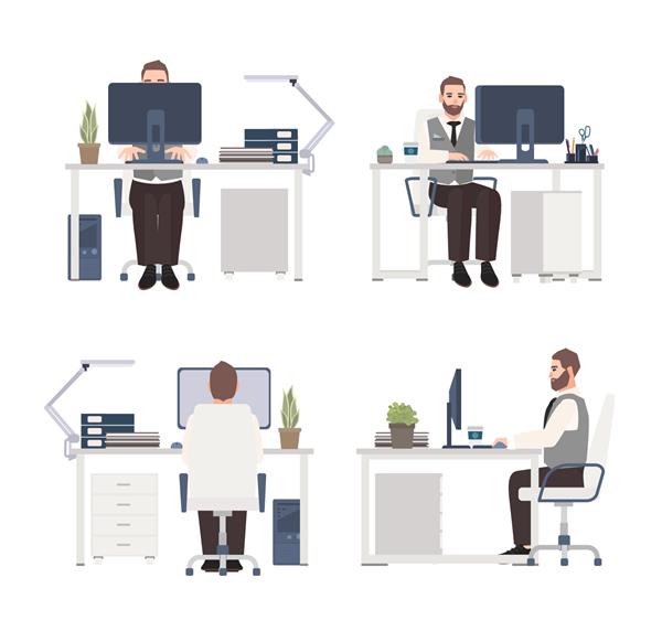 مرد ریشو که در محل کار با کامپیوتر کار می کند کارمند یا مدیر مرد که پشت میز اداری نشسته است شخصیت کارتونی تخت جدا شده در پس زمینه سفید نمای جلو پهلو و پشت تصویر وکتور