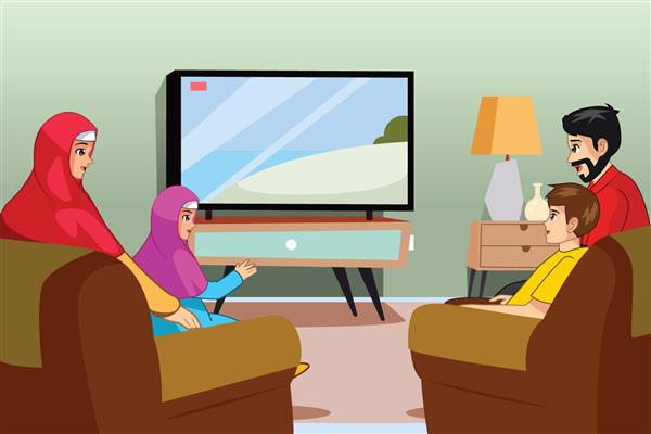 تصویر وکتور از خانواده مسلمان در حال تماشای تلویزیون در خانه