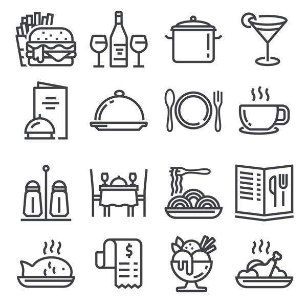 نمادهای رستوران روی پس زمینه سفید تنظیم شده است تصویر وکتور