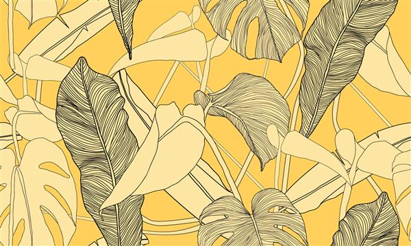 وکتور الگوی بدون درز استوایی گیاهان عجیب و غریب در پس زمینه زرد برگ موز و هیولا تصویر وکتور