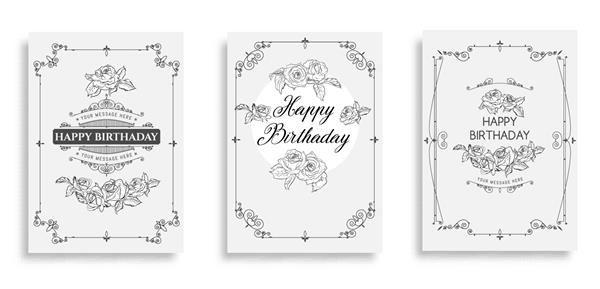 تولدت مبارک مجموعه ای از کارت های تبریک به سبک قدیمی ترکیب گل متن و عناصر تزئینی