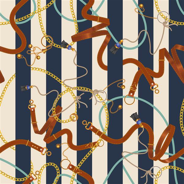 الگوی راه راه بدون درز با زنجیر و کمربند پچ وکتور برای چاپ پارچه روسری