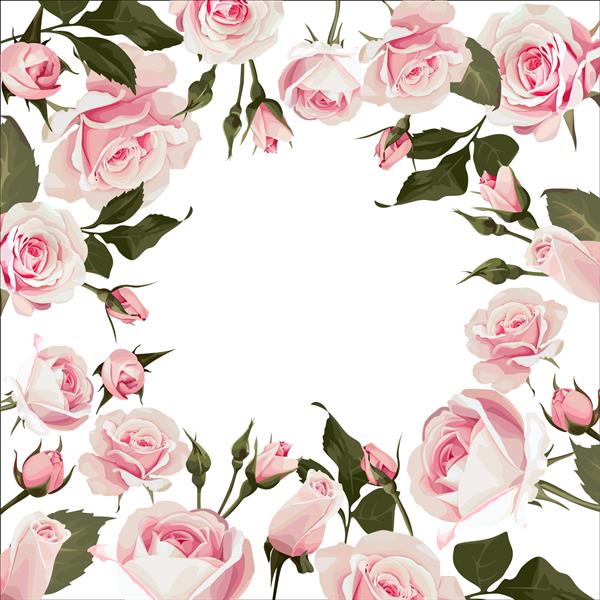 وکتور قاب گل با گل رز پس زمینه گلدار با گل های صورتی برای روز عروسی یا خیابان روز ولنتاین