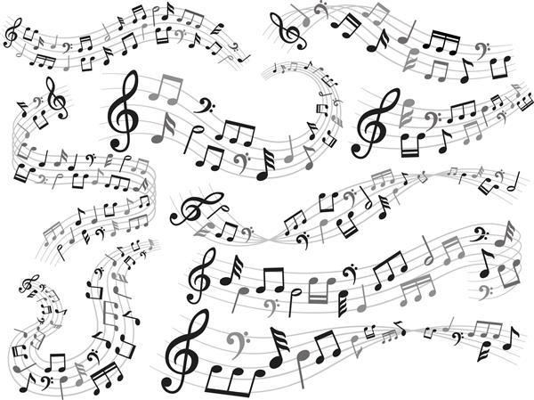 نت های موسیقی چرخش نت موسیقی الگوی ملودی و امواج صوتی با نت ترکیب نت‌های آهنگ موزیکال Quaver و مجموعه نمادهای تصویر وکتور جدا شده کلید سه‌گانه