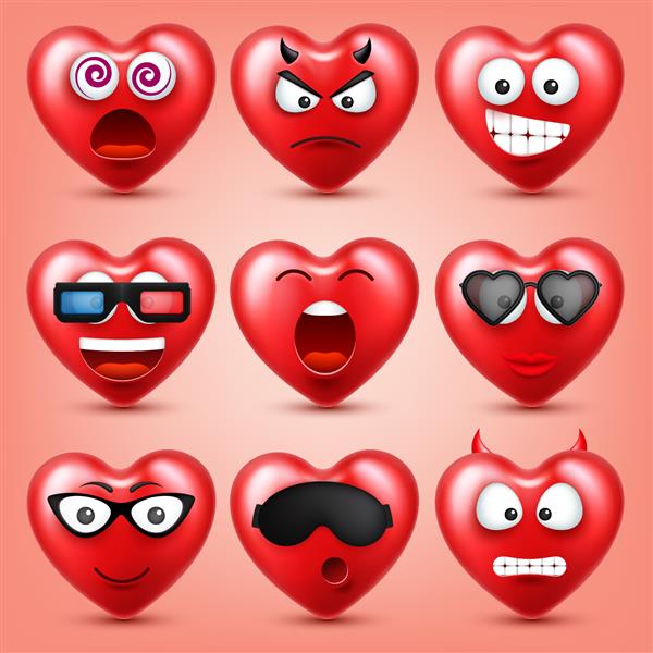مجموعه وکتور شکلک های شکلک قلب برای روز ولنتاین صورت قرمز خنده دار با عبارات و احساسات نماد عشق