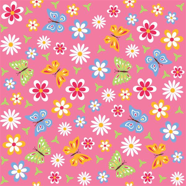 الگوی بدون درز با پروانه و گل برای روز مادر روز زن و روز کودک کاغذ دیواری رنگارنگ گل بهار و تابستان بسته بندی پارچه پارچه وکتور بافت بی پایان رنگی