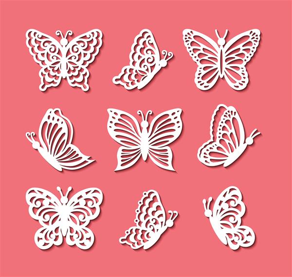 الگوی برش لیزری مجموعه وکتور پروانه ایزوله شده بر روی پس زمینه مرجانی سیلوئت های روباز با برش تمام صورت و نمایه الگوی حشرات پرنده توری تزئین شده برای نمادهای کارت عروسی