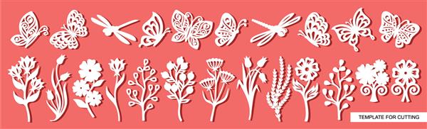 مجموعه ای از شاخه ها گل ها پروانه ها و سنجاقک ها موضوع گیاه اشیاء سفید در پس زمینه صورتی قالب برای برش لیزری کنده کاری روی چوب برش کاغذ و چاپ تصویر وکتور