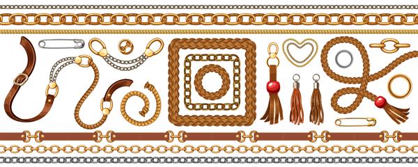 ست با کمربند و زنجیر طلایی و نقره ای حاشیه برای طرح پارچه کاغذ دیواری چاپ تصویر وکتور جدا شده با لوازم جانبی فلزی