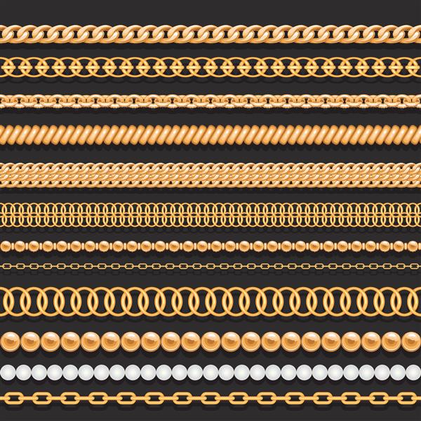 مجموعه ای از زنجیر طلایی طناب و مروارید در زمینه مشکی برس های بدون درز برای طراحی