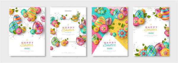 ست طرح پوستر یا بروشور عید پاک با تخم مرغ های رنگارنگ و گل های بهاری تصویر وکتور مکانی برای متن شما