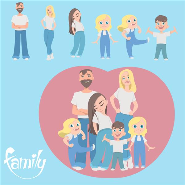 یک خانواده شاد پدر مادر پسر و دختر و دوقلوهای دختر با هم تصویر وکتور طرح مسطح