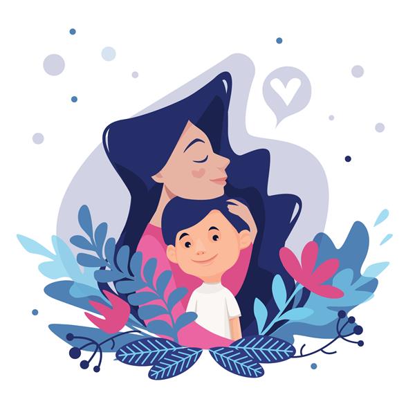 عشق مادر آغوش مامان مادر و پسر تصویر وکتور با عناصر گل کارت روز مادر