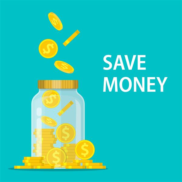 کوزه پول پس انداز سکه دلار در jar مفهوم پول خود را ذخیره کنید تصویر وکتور به سبک مسطح