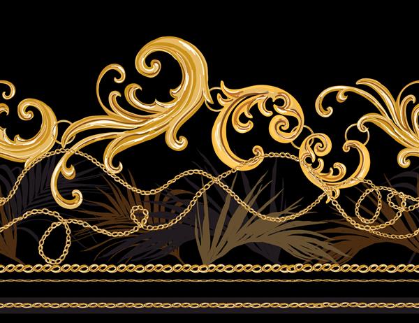 پس‌زمینه الگوی وکتور باروک تابستانی گرمسیری بدون درز با زنجیره‌های طلایی برگ‌های نخل عناصر باروک پچ وکتور برای چاپ پارچه طرح روسری