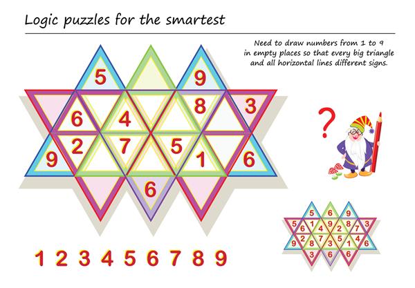 منطق بازی سودوکو پازل برای باهوش ترین باید اعداد از 1 تا 9 را در مکان های خالی رسم کنید تا هر مثلث بزرگ و تمام خطوط افقی علائم متفاوتی داشته باشد صفحه قابل چاپ برای کتاب بازی فکری