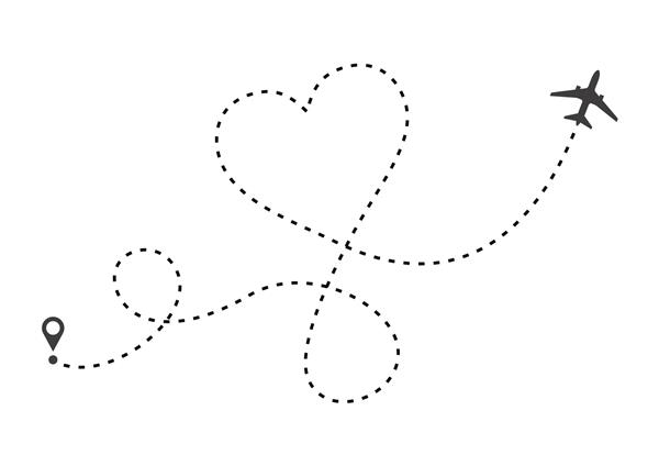 عاشق مسیر هواپیما ردیابی خط شکسته قلب و مسیرهای هواپیما جدا شده در پس‌زمینه سفید سفر عروسی عاشقانه سفر ماه عسل طراحی مسیر هواپیمای قلبی تصویر وکتور