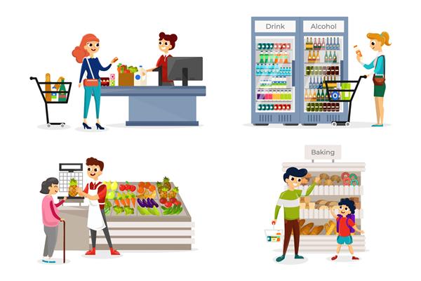 افرادی که در بخش‌های مختلف فروشگاه‌های مواد غذایی به خرید می‌روند بازدیدکنندگان در حال خرید نانوایی نوشیدنی‌ها و سبزیجات تازه نمای داخلی مغازه سلف سرویس جدا شده روی سفید