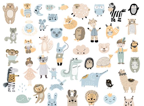 مجموعه بزرگی از حیوانات کارتونی وحشی و حیوانات خانگی کلکسیون کلیپ هنری دستکش بچه های ناز تصویر وکتور