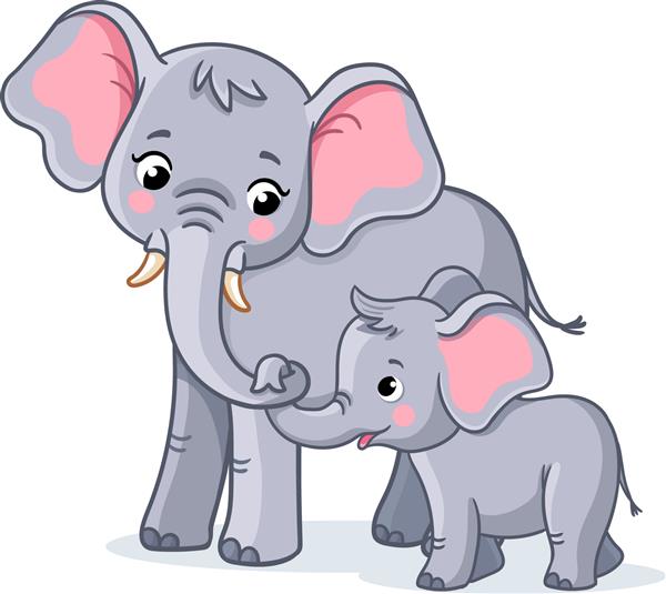 خانواده فیل ها در پس زمینه سفید حیوانات زیبای آفریقایی به سبک کارتونی مادر و بچه فیل