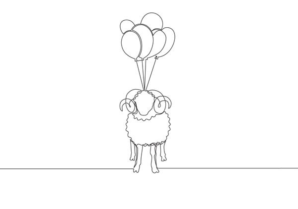 یک طرح تک خطی از پرواز گوسفندان به آسمان با بالن عید مسلمانان قربانی یک حیوان خدایا تصویر کارت پستال تبریک عید قربان مفهوم طراحی خط پیوسته
