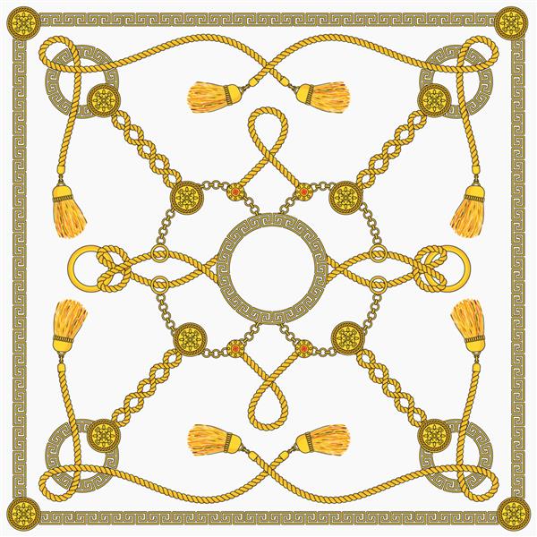 طرح پتن زنجیره ای برای روسری زنانه مد مربع زنجیر طلا با زیورآلات و مدالیون طناب های تزئینی با منگوله های ابریشمی بند و سگک در زمینه سفید تصویر طرح مسطح