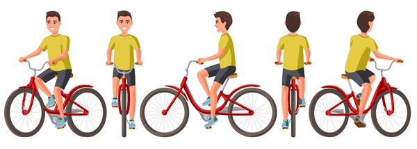 تصویر وکتور مرد جوان با لباس راحتی دوچرخه سواری تصویر کارتونی واقع گرایانه افراد مرد جوان صاف نماهای جلو پهلو و پشت نماهای ایزومتریک مرد ورزشکار آموزش دوچرخه