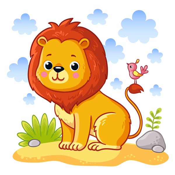 شیر جوان ناز روی یک علفزار شنی نشسته است حیوان زیبای آفریقایی به سبک کارتونی تصویر وکتور