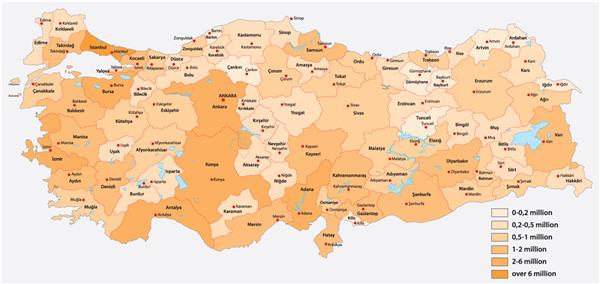 نقشه وکتور جمعیت استان های ترکیه