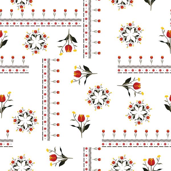 گل های لاله قرمز زیبا با خط در طرح وکتور بدون درز به سبک شال گردن برای مد پارچه وب کاغذ دیواری و تمام پینت ها در پس زمینه سفید