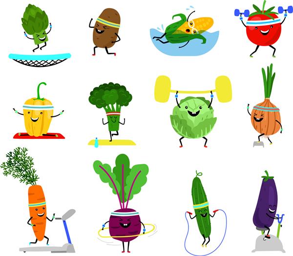 شخصیت های ورزشی سبزیجات مجموعه غذای گیاهی سلامتی خنده دار با چهره های خندان در ورزش هویج بروکلی تصویر وکتور خیار فلفل زرد