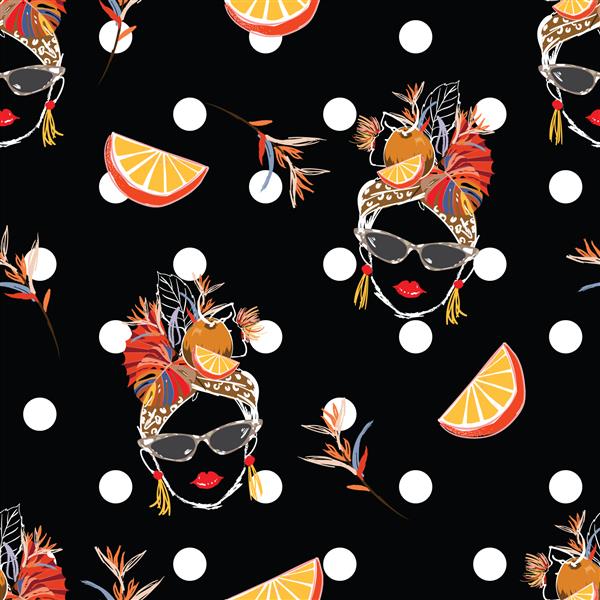 طرح دستی زیبای تابستانی زنان هاوانا گرمسیری با الگوی بدون درز میوه های تازه به صورت وکتور بر روی طرح خال خالی مدرن برای مد پارچه وب کاغذ دیواری و همه چاپ ها در پس زمینه مشکی