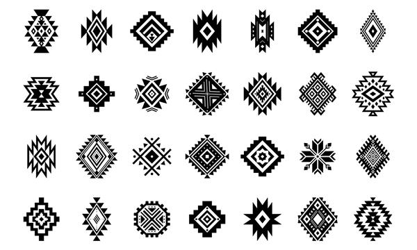 عناصر وکتور آزتک مجموعه ای از زیور آلات قومی طرح قبیله ای نمادهای هندسی برای خالکوبی لوگو کارت کارهای تزئینی نقوش ناواهو جدا شده در زمینه سفید
