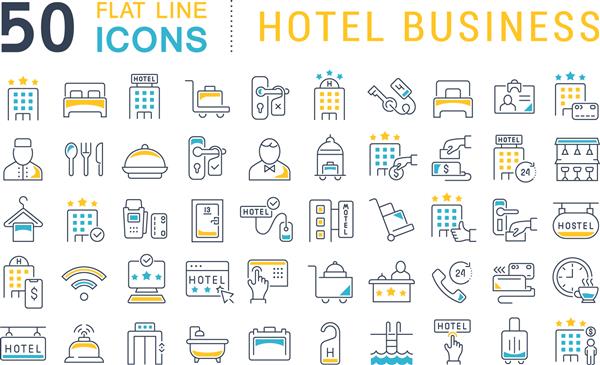 مجموعه ای از نمادهای وکتور خط کسب و کار هتل برای مفاهیم مدرن وب و برنامه ها