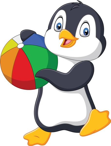 پنگوئن کارتونی که توپ ساحلی را در دست دارد